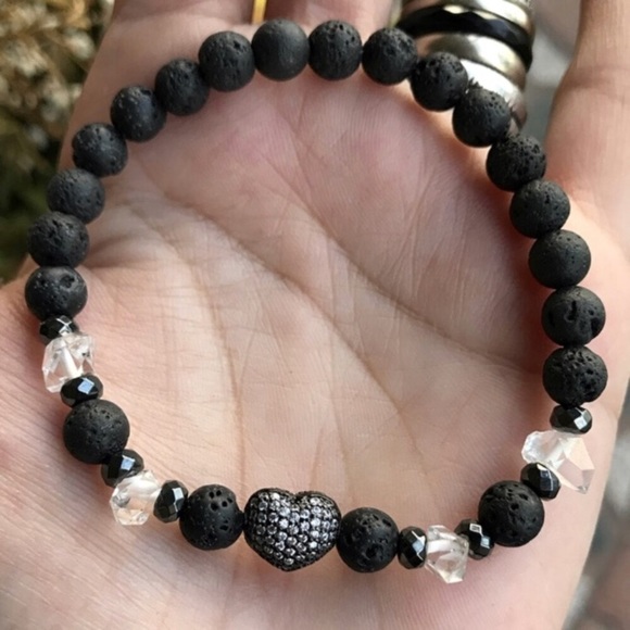 Crystal heart bracelet . Genuine Herkimer Diamonds lava rock cz heart bracelet - Picture 7 of 12